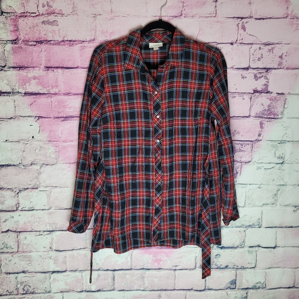 J. JILL TIE WAIST BACK BLUE RED PLAID TUNIC BLOUSE S